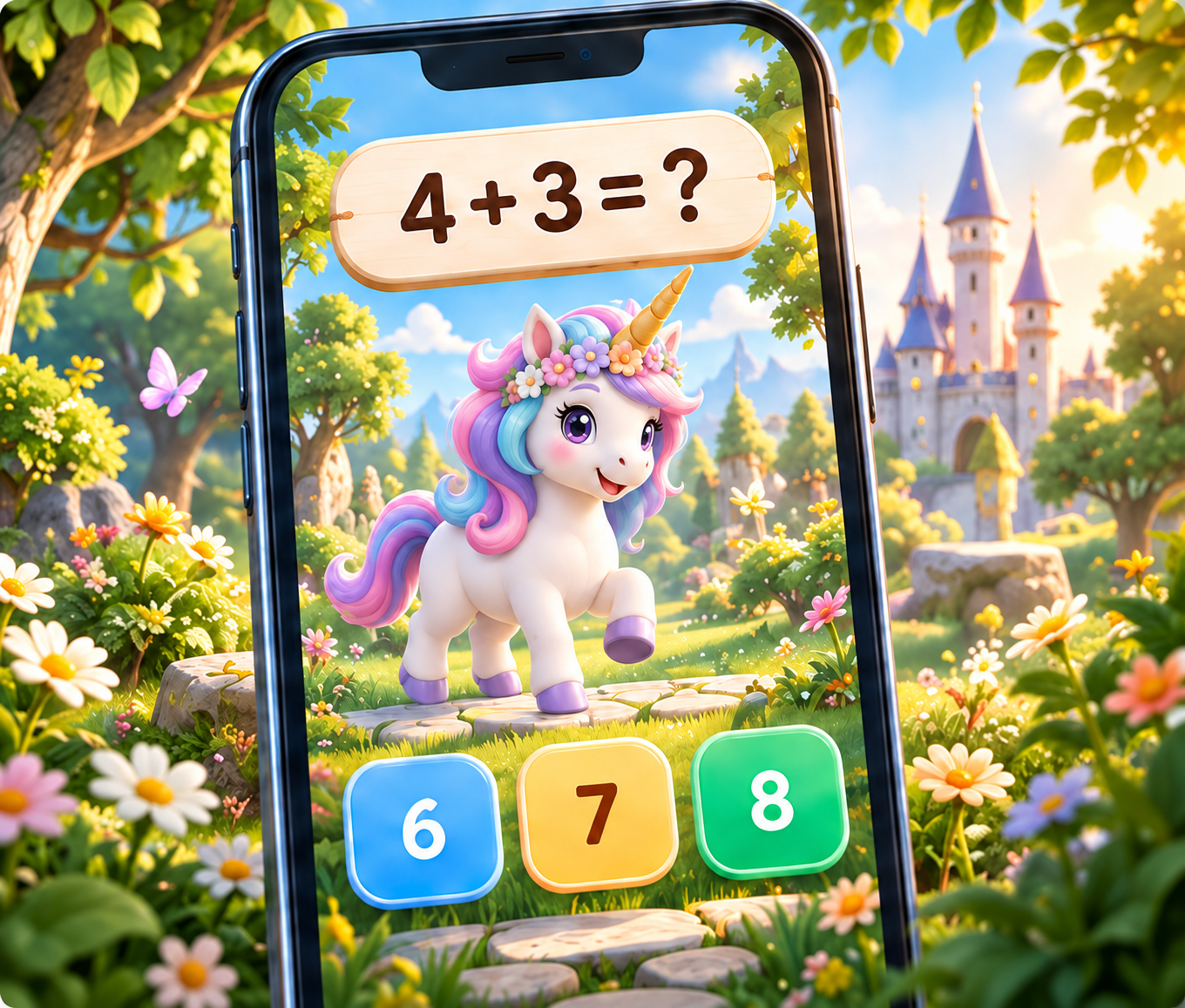 Illustration of a Muhan math adventure with a rainbow-maned unicorn.