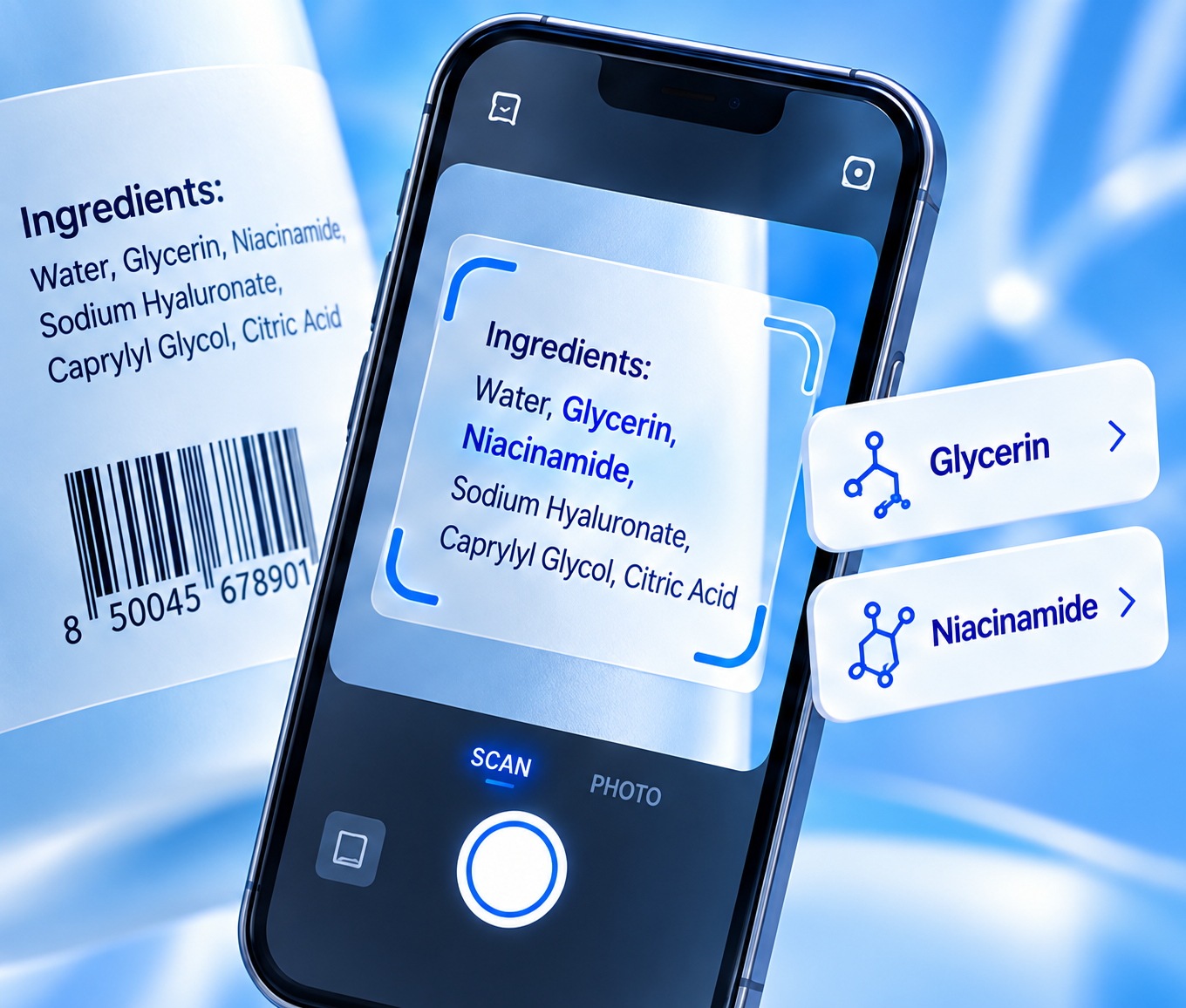 Illustration of Rebound scanning a skincare ingredient label.